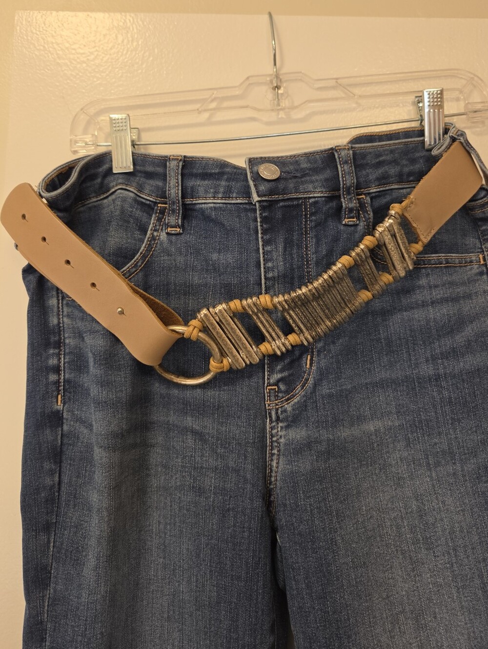 Antoniazzi Firenze Light Tan Leather Belt Silver Etched Hoop Loop Sz L 45"